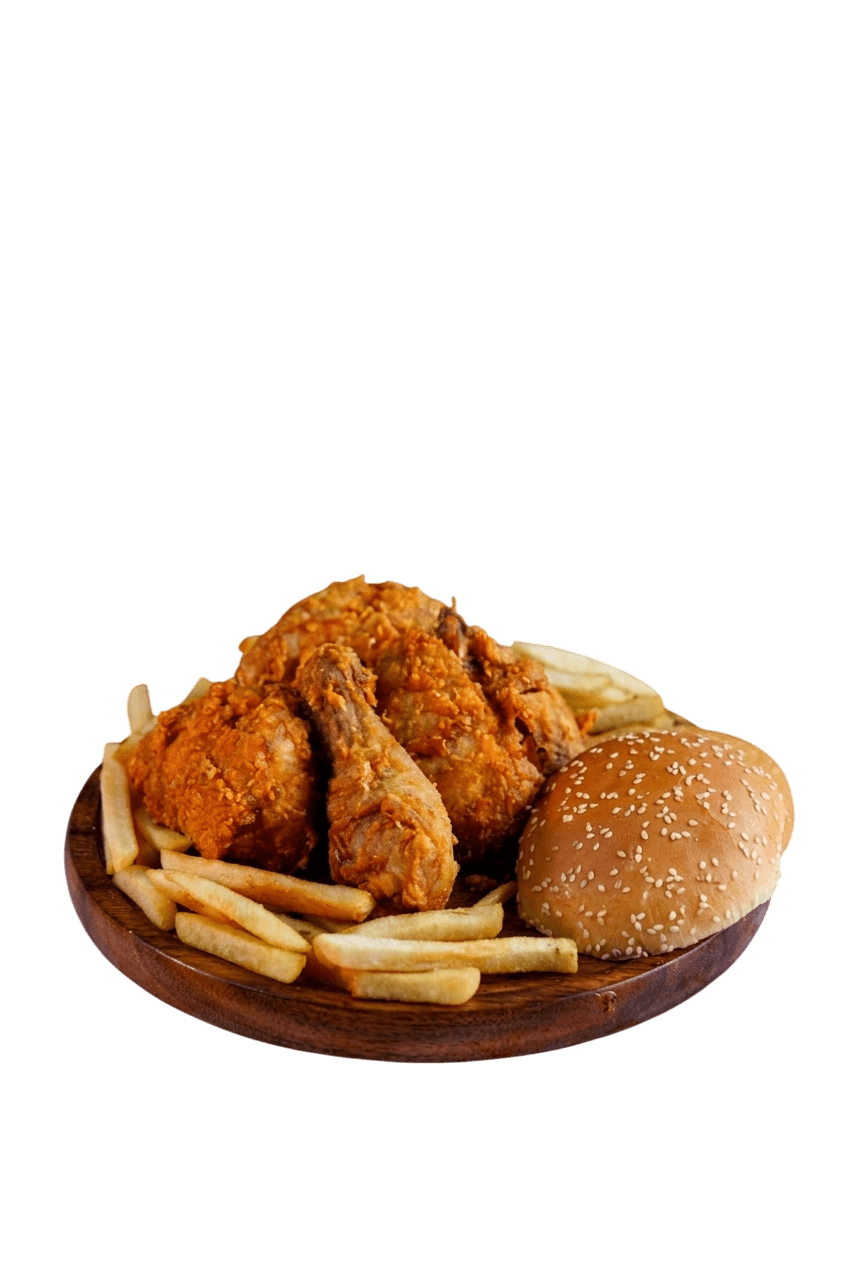 Crispy injected broast platter with fries and a bun