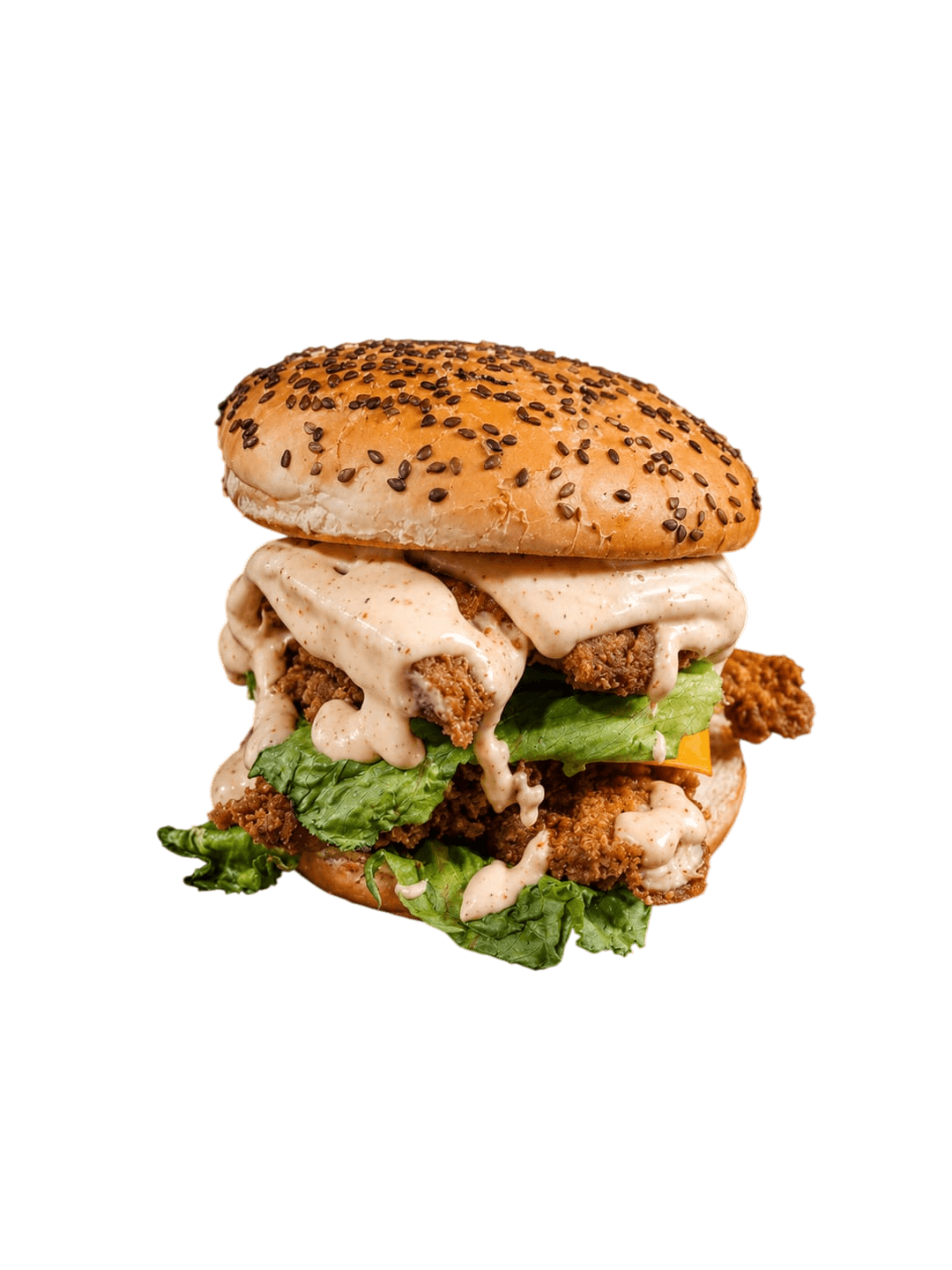 Crunch-stacked fried chicken burger dripping with sauce