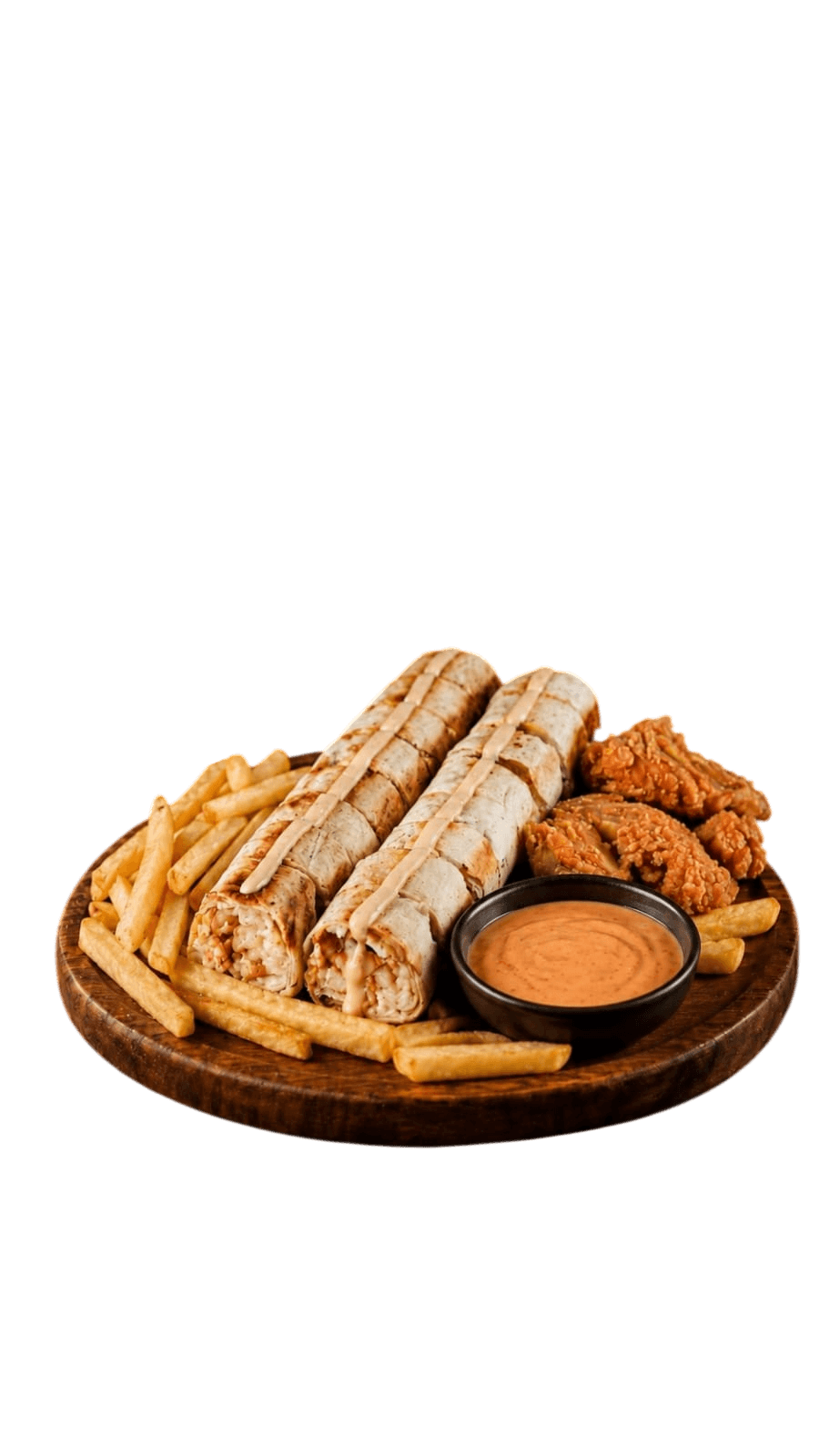 Chicken wrap platter with wings and dip